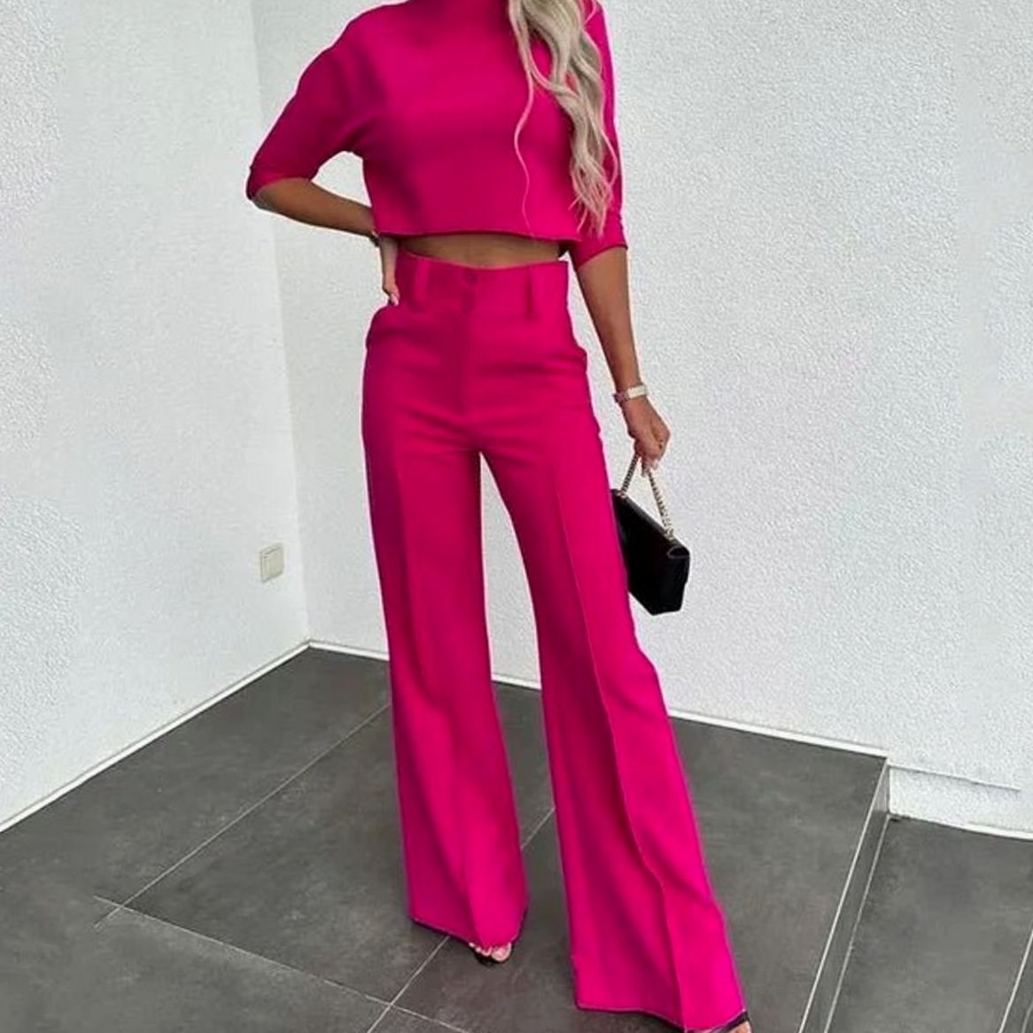 Women's Cropped Top and Wide-Leg Trouser Set - Dark Pink