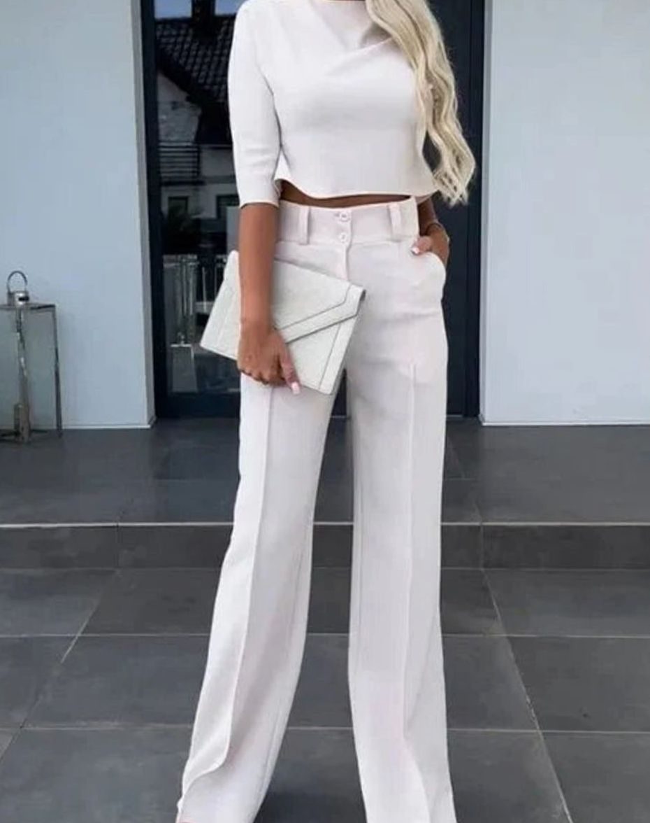 Women's Cropped Top and Wide-Leg Trouser Set - White