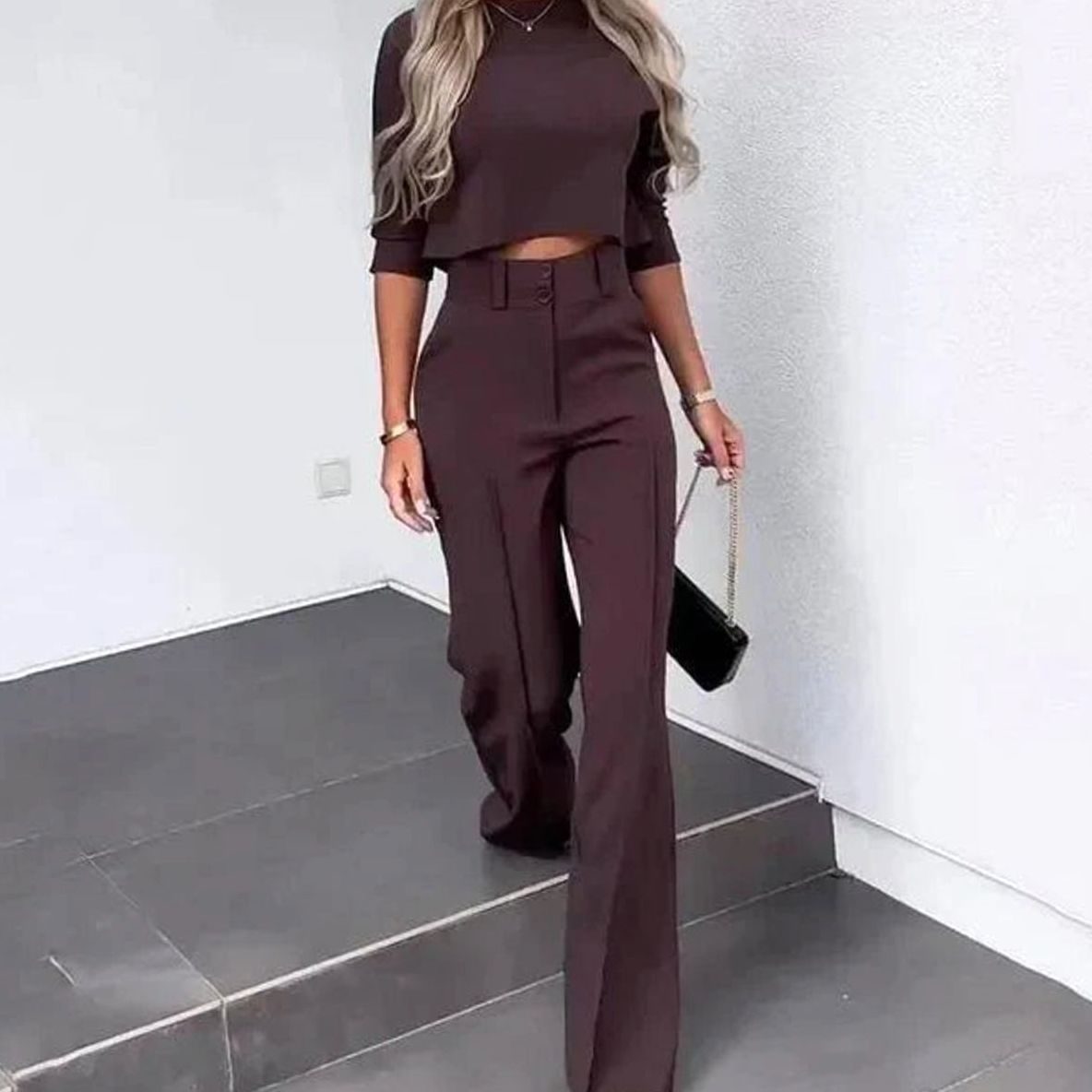 Women's Cropped Top and Wide-Leg Trouser Set - Brown