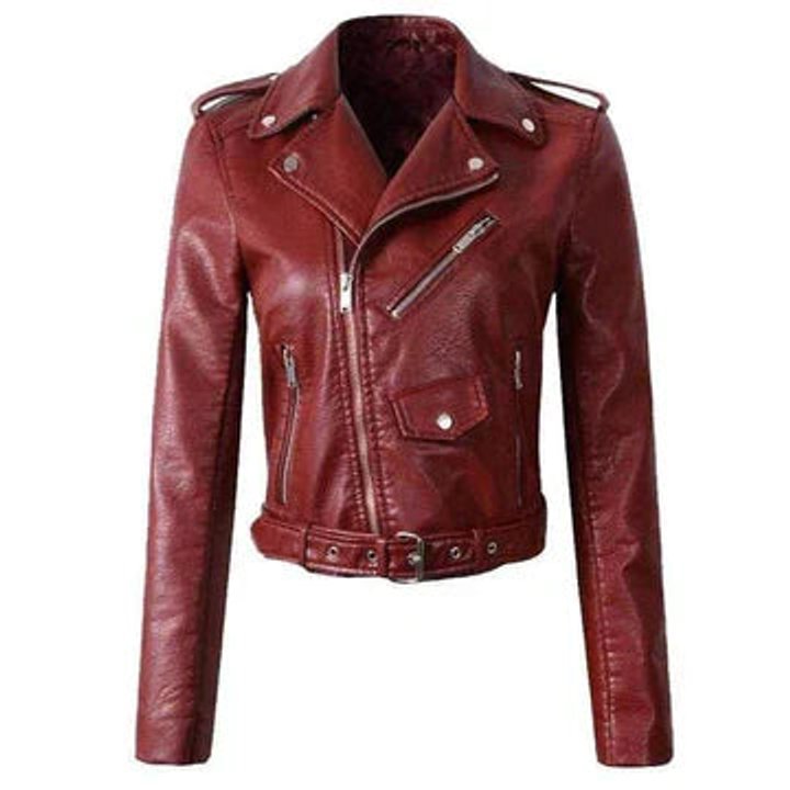 Women's Cropped Belted Faux Leather Jacket - Red