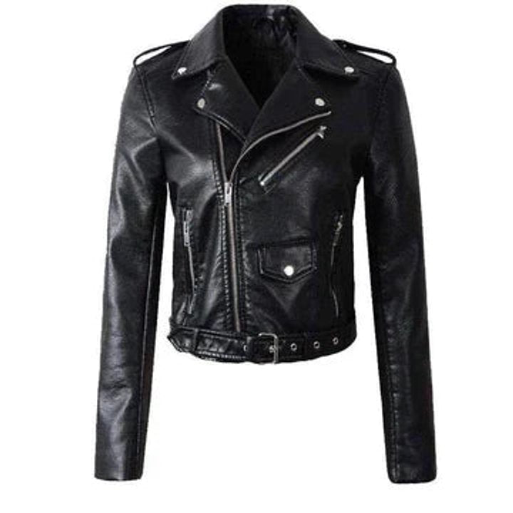 Women's Cropped Belted Faux Leather Jacket - Black