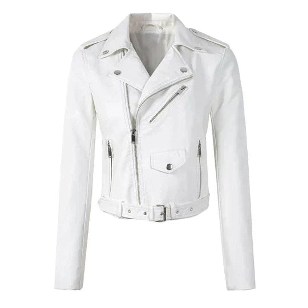 Women's Cropped Belted Faux Leather Jacket