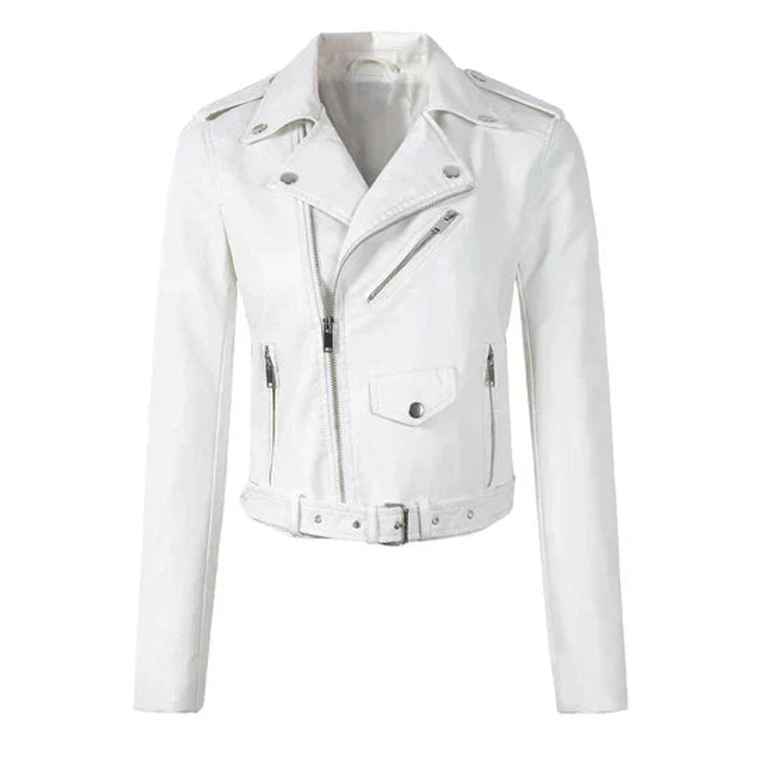 Women's Cropped Belted Faux Leather Jacket