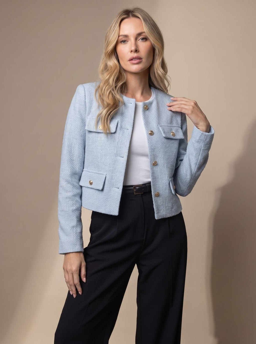 Women's Collarless Cropped Tweed Blazer with Gold Buttons - Light Blue