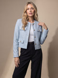 Women's Collarless Cropped Tweed Blazer with Gold Buttons - Light Blue