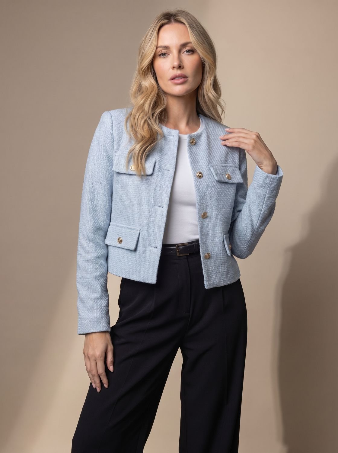 Women's Collarless Cropped Tweed Blazer with Gold Buttons - Light Blue