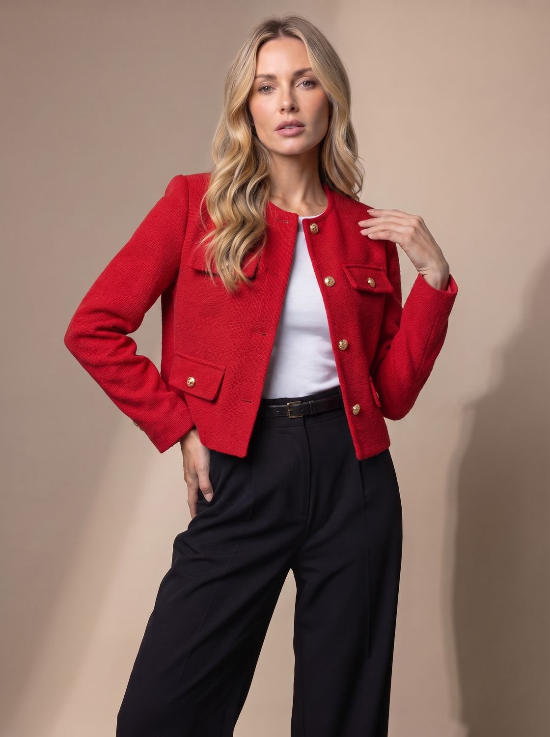 Women's Collarless Cropped Tweed Blazer with Gold Buttons - Red