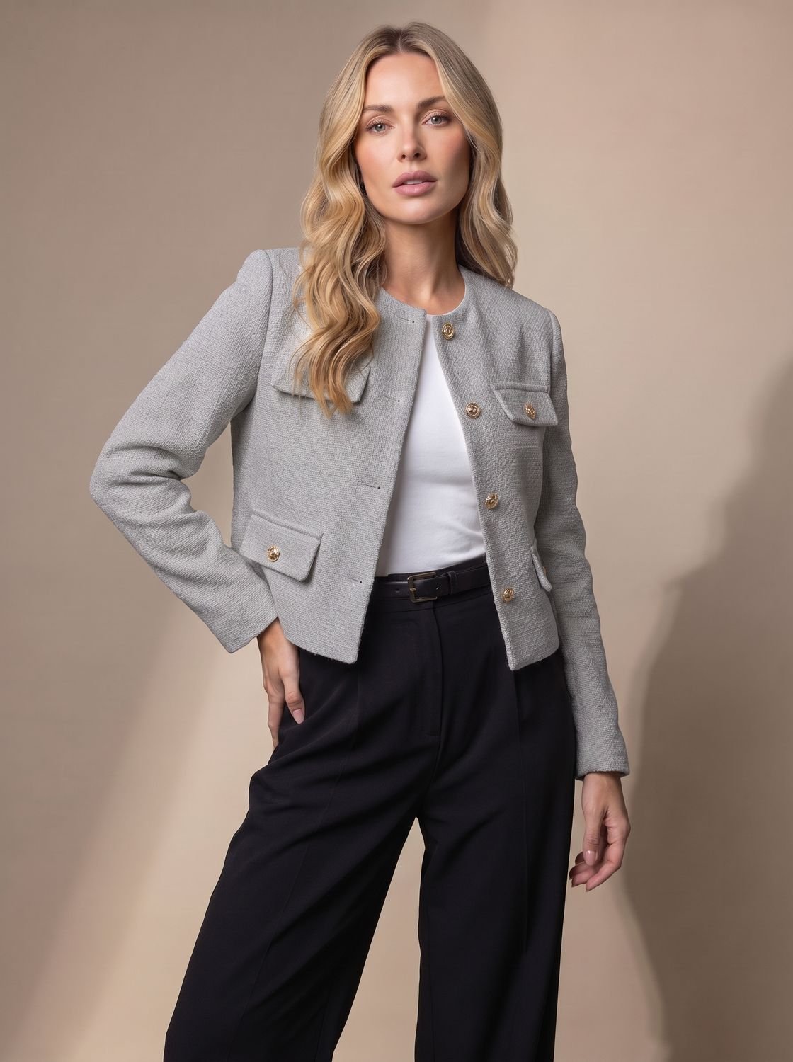 Women's Collarless Cropped Tweed Blazer with Gold Buttons - Gray