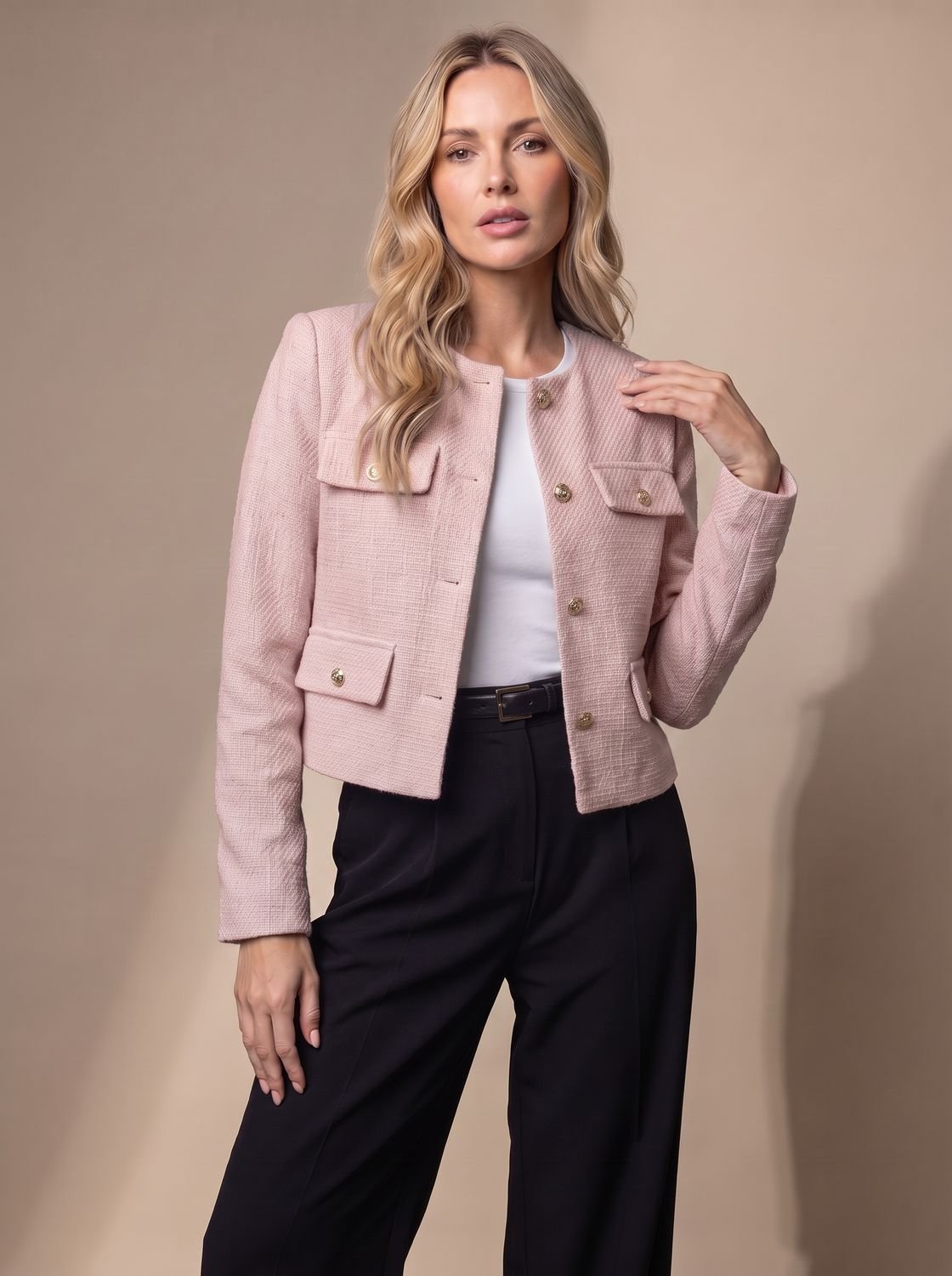 Women's Collarless Cropped Tweed Blazer with Gold Buttons - Light Pink