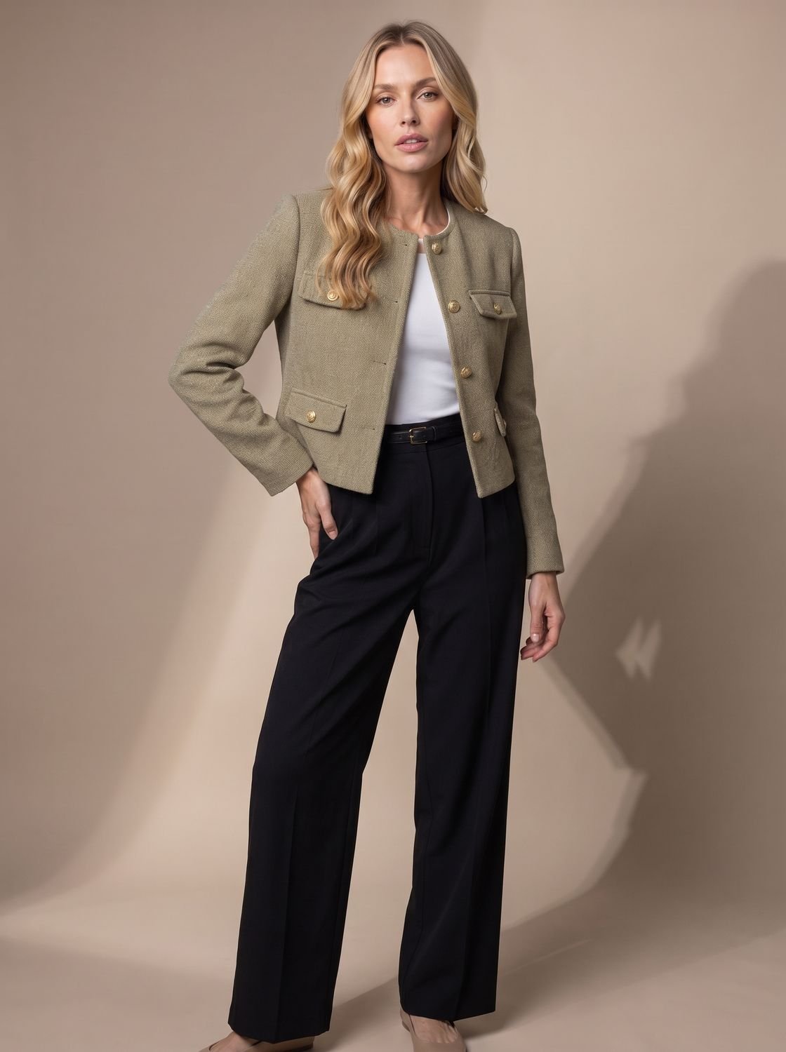 Women's Collarless Cropped Tweed Blazer with Gold Buttons - Olive