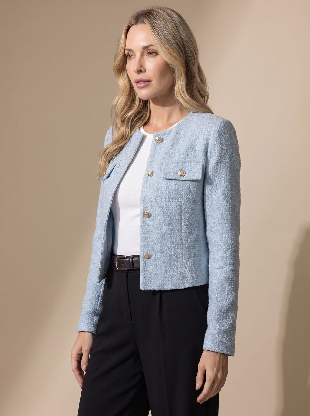 Women's Collarless Cropped Tweed Blazer with Gold Buttons