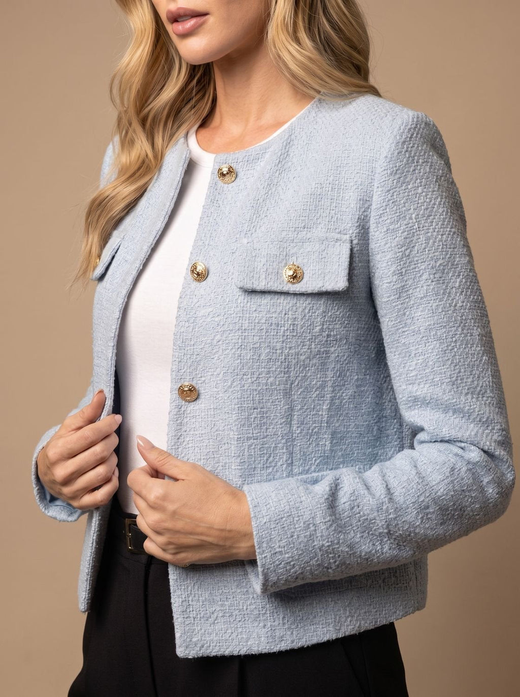 Women's Collarless Cropped Tweed Blazer with Gold Buttons