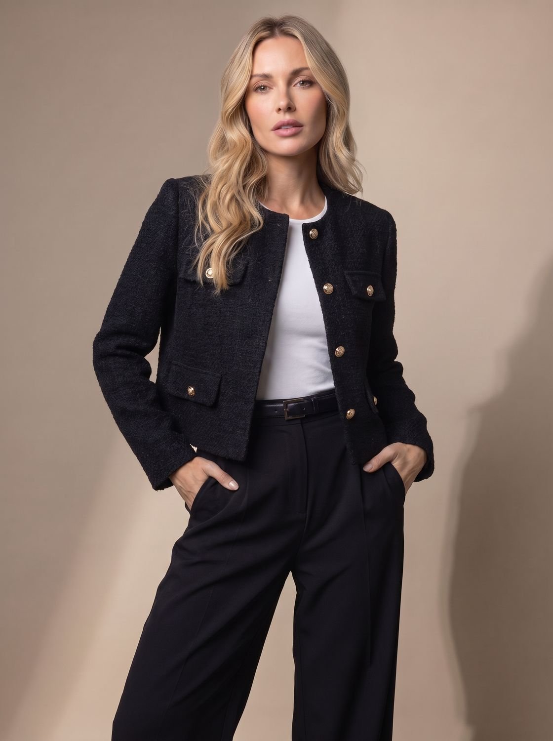 Women's Collarless Cropped Tweed Blazer with Gold Buttons - Black