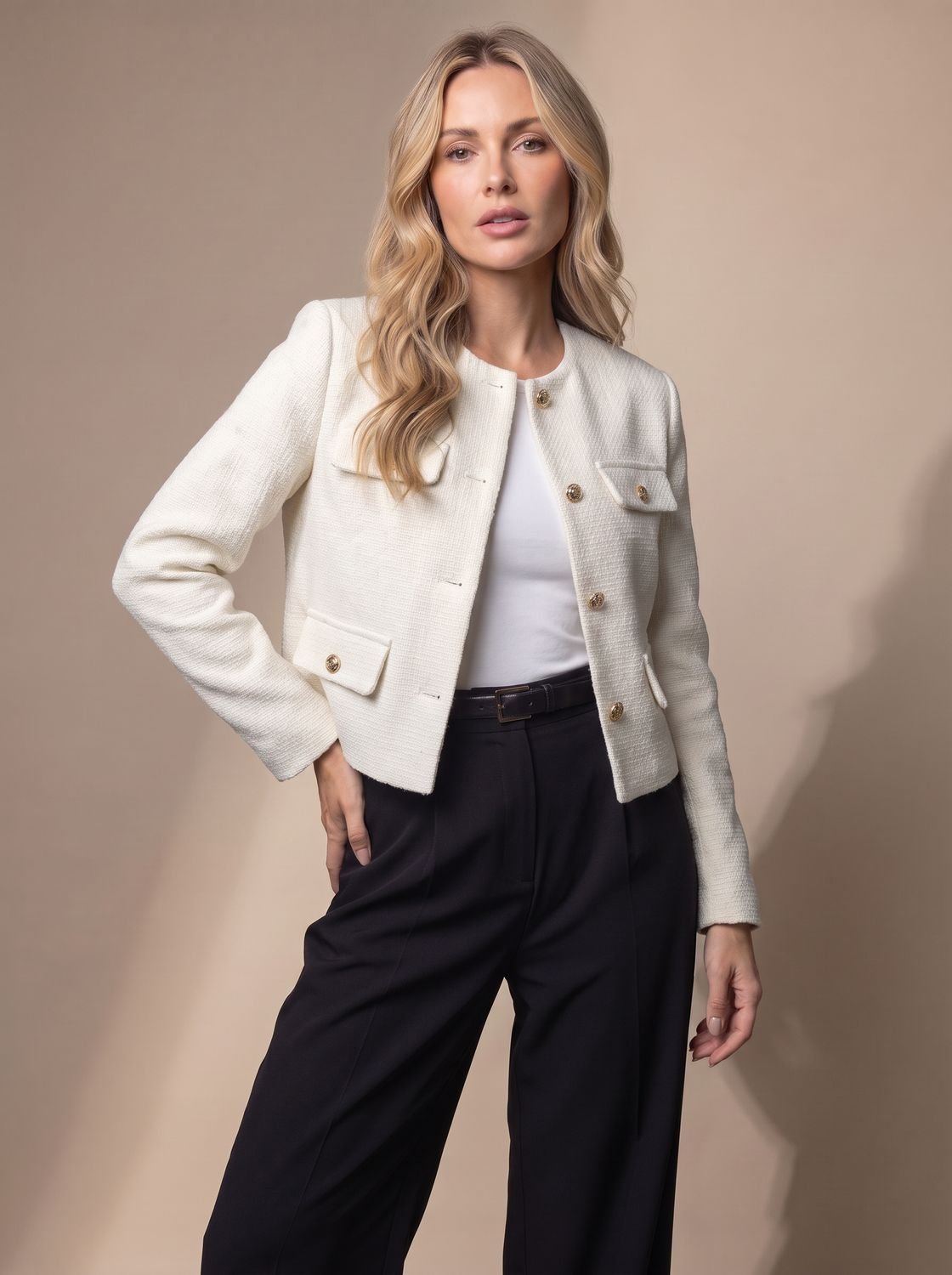 Women's Collarless Cropped Tweed Blazer with Gold Buttons - White