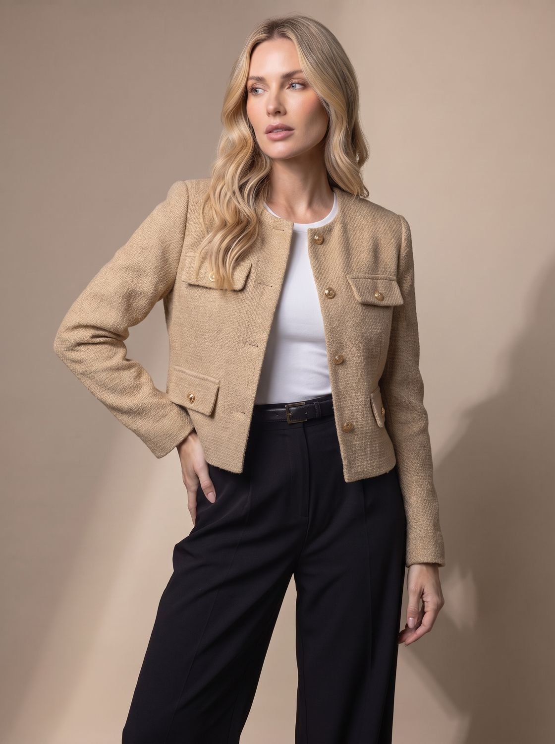 Women's Collarless Cropped Tweed Blazer with Gold Buttons - Khaki