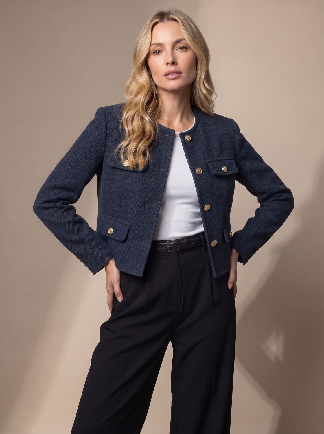 Women's Collarless Cropped Tweed Blazer with Gold Buttons - Navy Blue