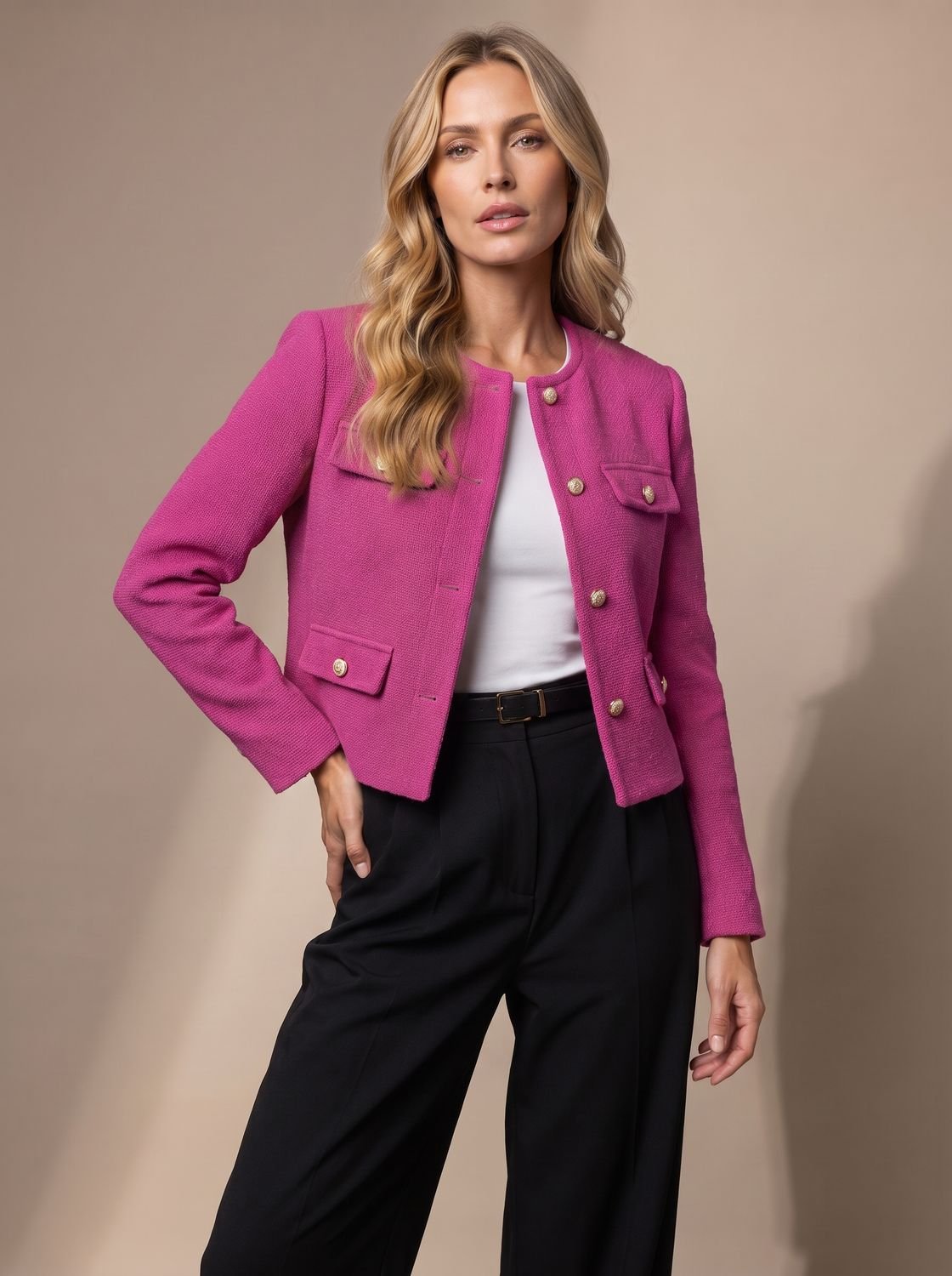 Women's Collarless Cropped Tweed Blazer with Gold Buttons - Pink