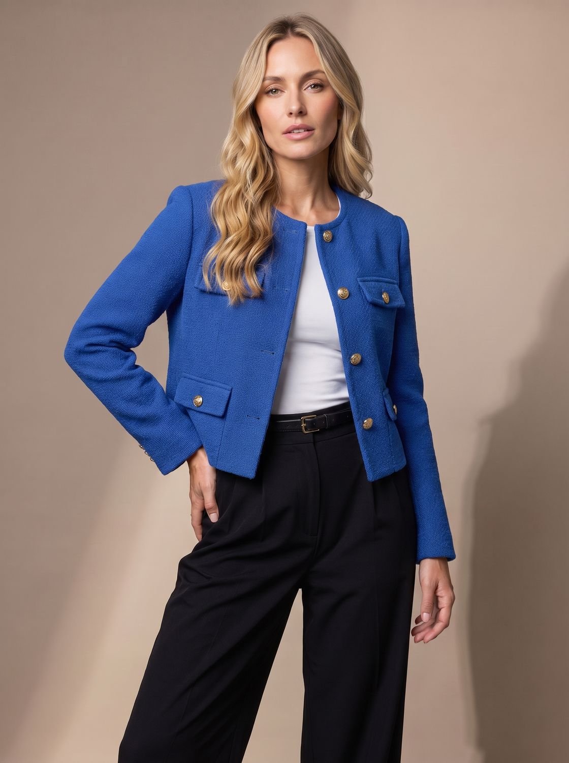 Women's Collarless Cropped Tweed Blazer with Gold Buttons - Blue