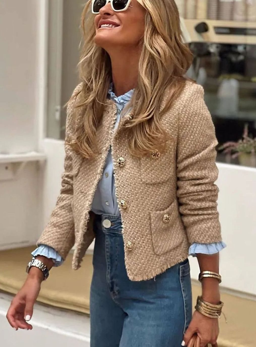 Women's Cropped Tweed Blazer with Gold-Tone Buttons