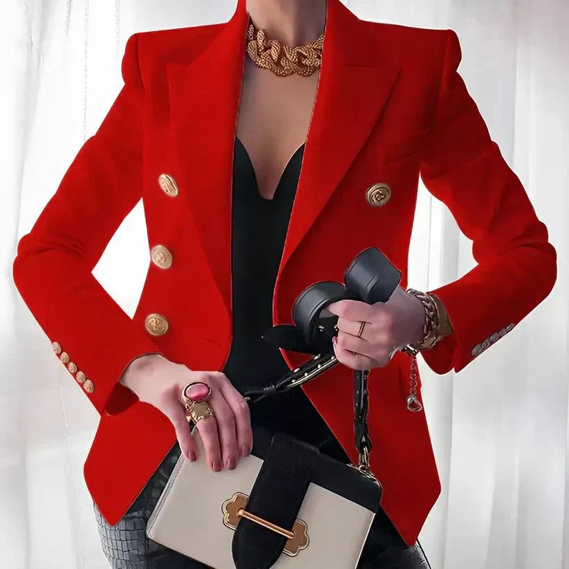 Women's Double-Breasted Gold Button Blazer - Red