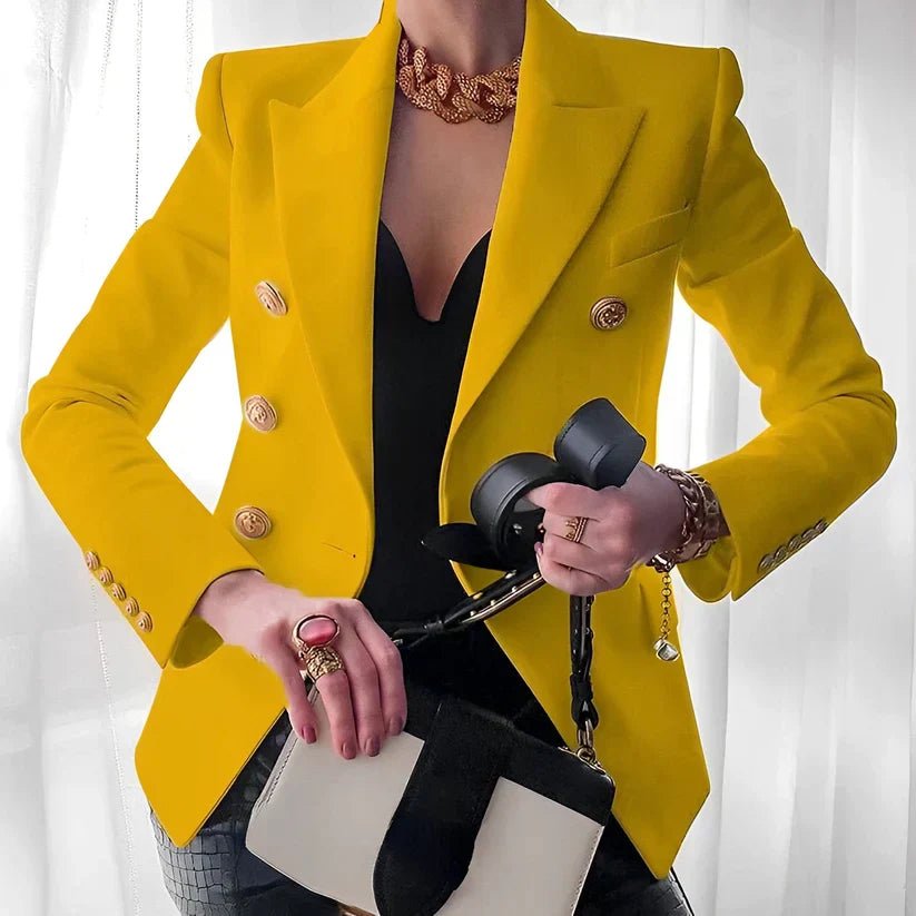 Women's Double-Breasted Gold Button Blazer - Yellow