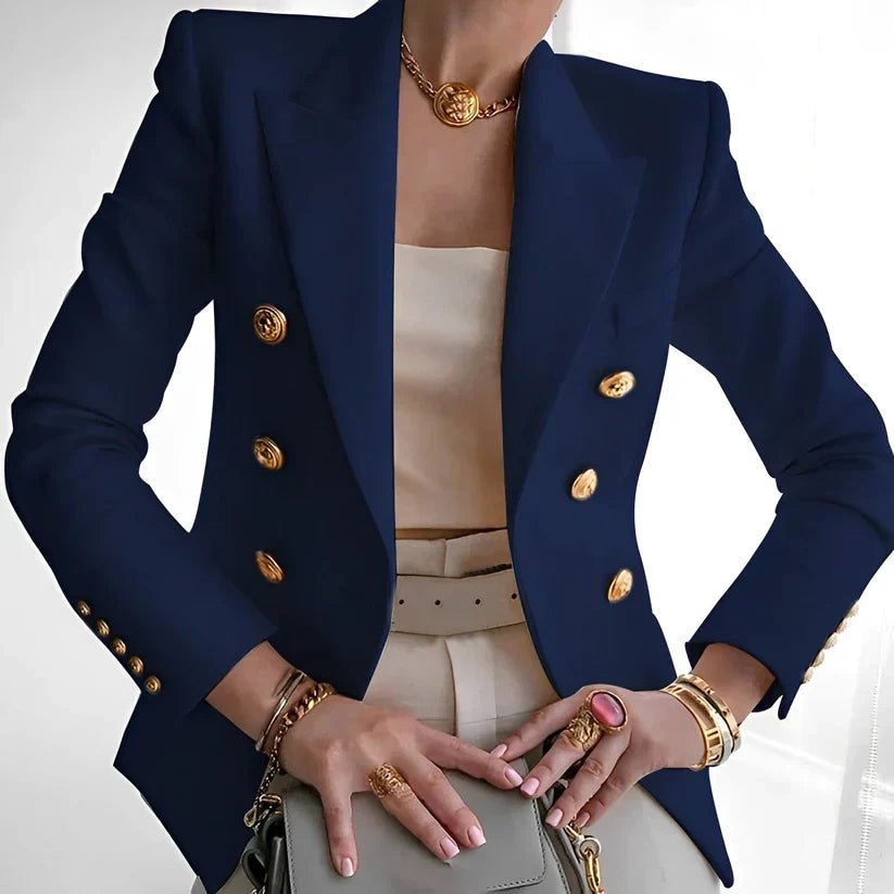 Women's Double-Breasted Gold Button Blazer - Navy Blue
