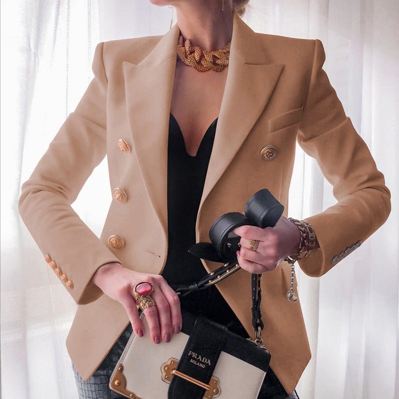 Women's Double-Breasted Gold Button Blazer - Beige