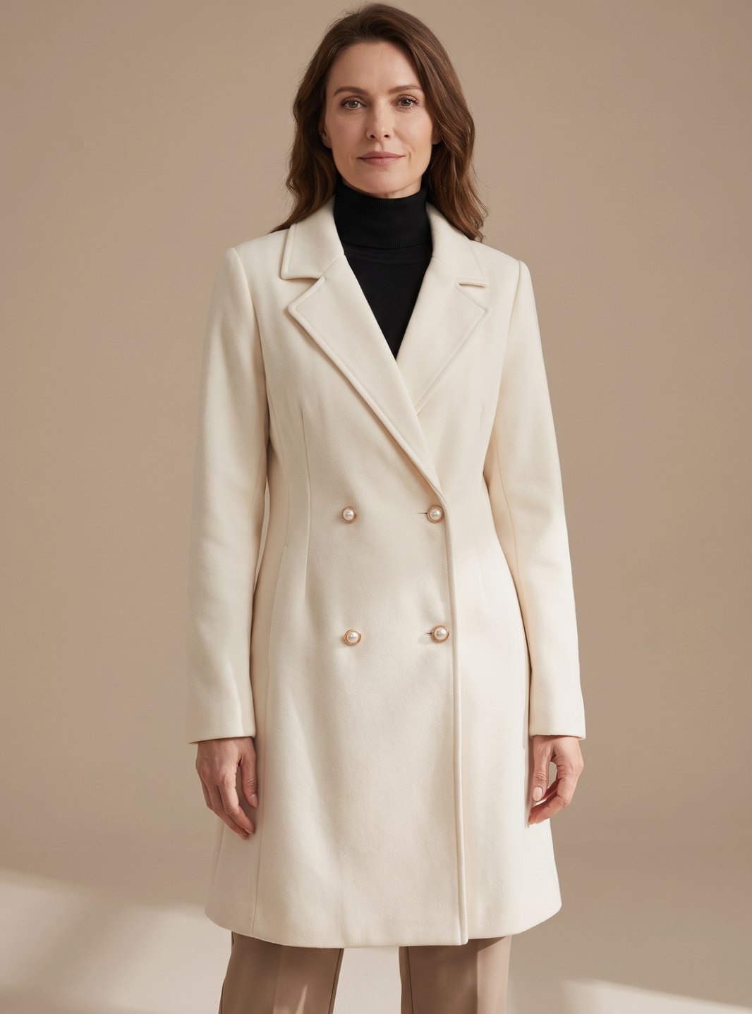 Women's Flared Knee-Length Wool-Blend Coat - Beige