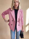 Women's Fitted Double-Breasted Blazer with Knit Sleeves - Pink