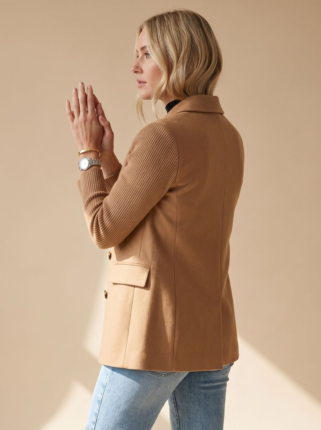 Women's Fitted Double-Breasted Blazer with Knit Sleeves