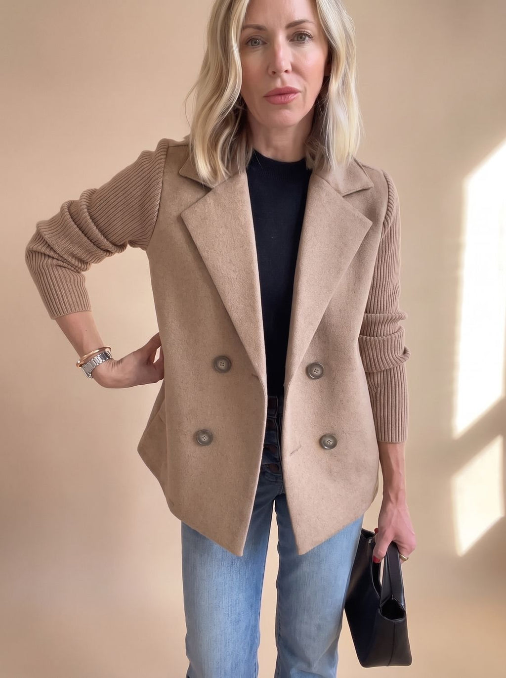 Women's Fitted Double-Breasted Blazer with Knit Sleeves