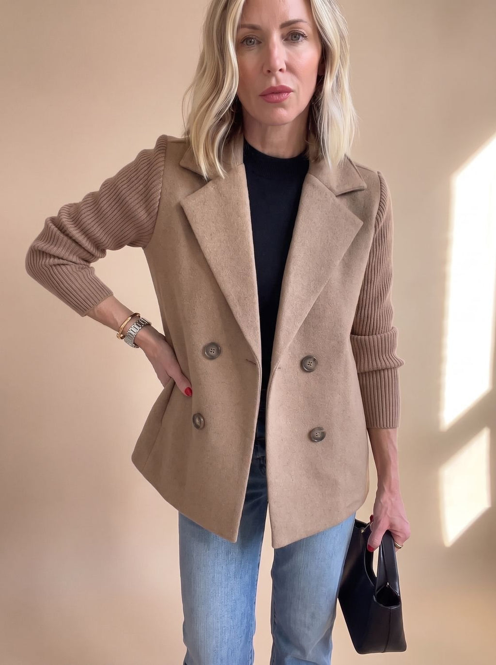 Women's Fitted Double-Breasted Blazer with Knit Sleeves