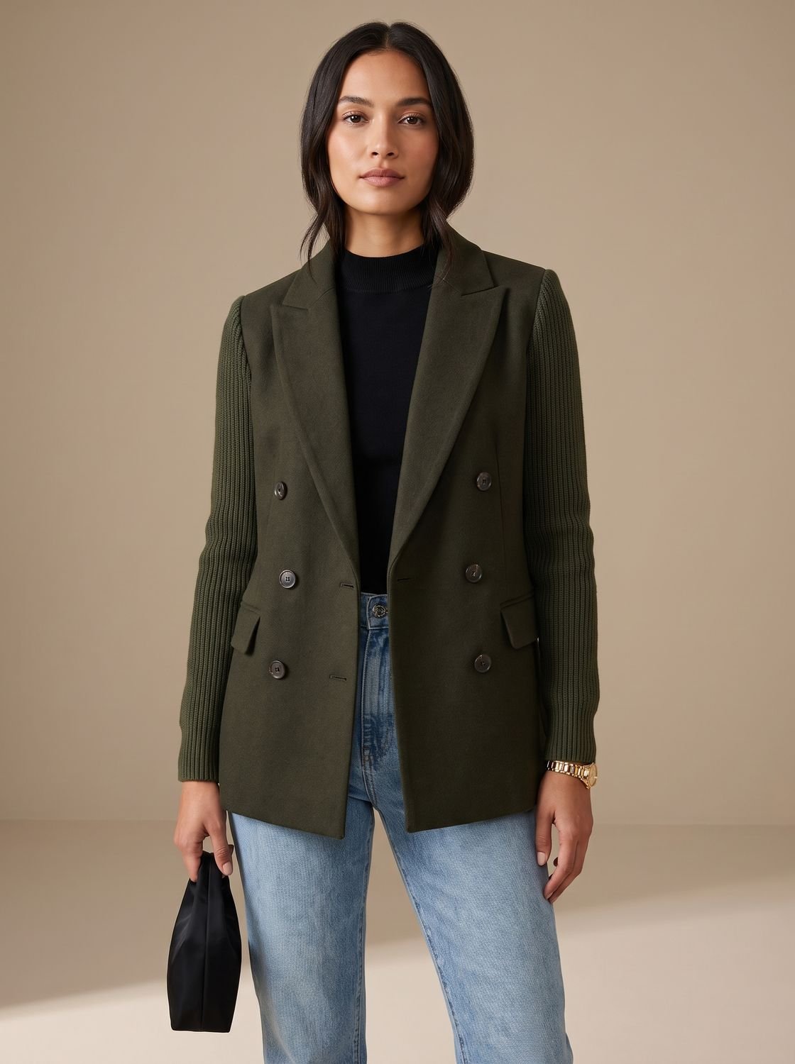 Women's Fitted Double-Breasted Blazer with Knit Sleeves - Green