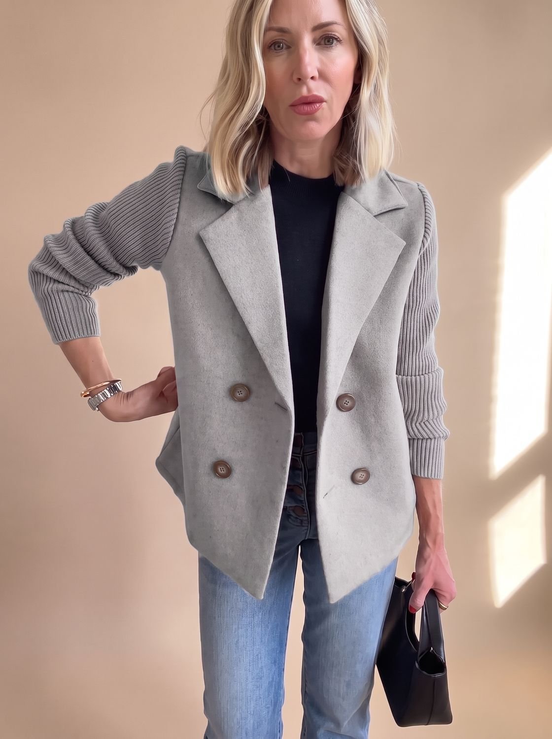 Women's Fitted Double-Breasted Blazer with Knit Sleeves - Gray