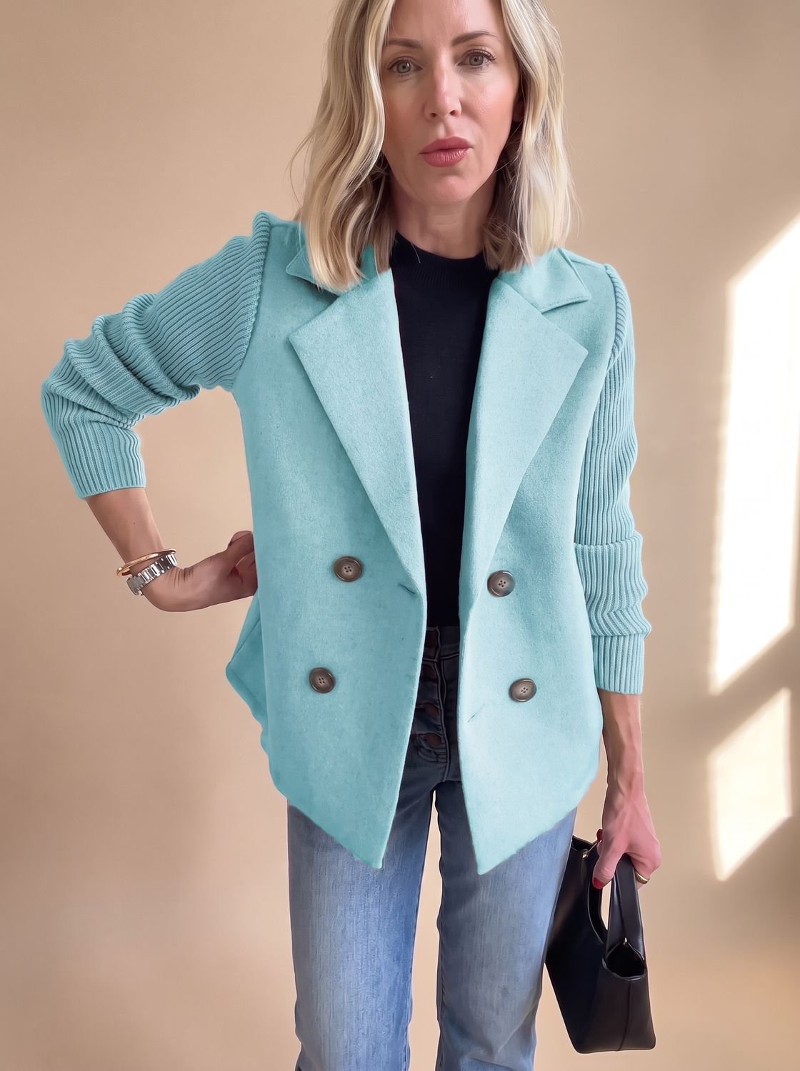Women's Fitted Double-Breasted Blazer with Knit Sleeves - Light Blue