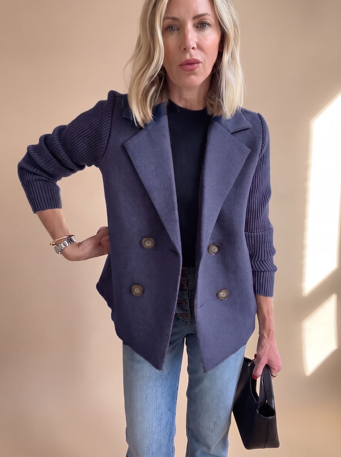 Women's Fitted Double-Breasted Blazer with Knit Sleeves - Blue