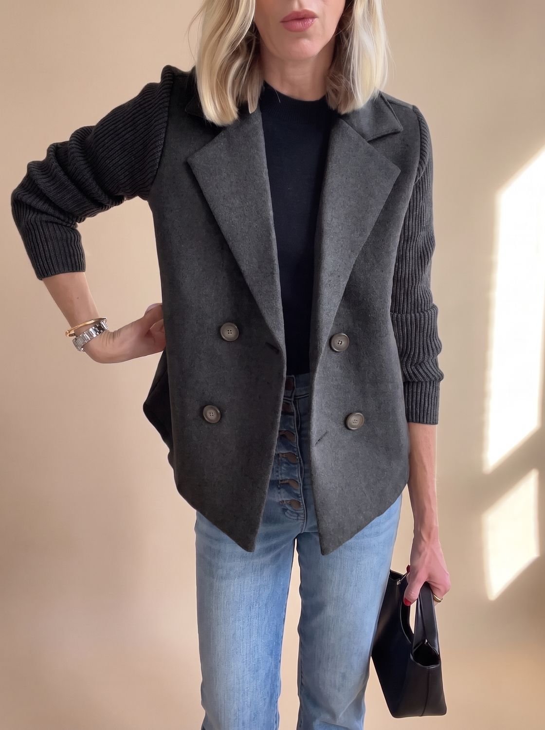 Women's Fitted Double-Breasted Blazer with Knit Sleeves - Black