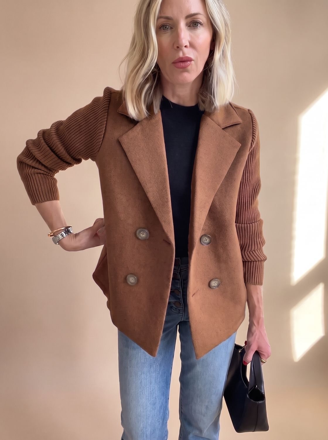 Women's Fitted Double-Breasted Blazer with Knit Sleeves - Dark Brown