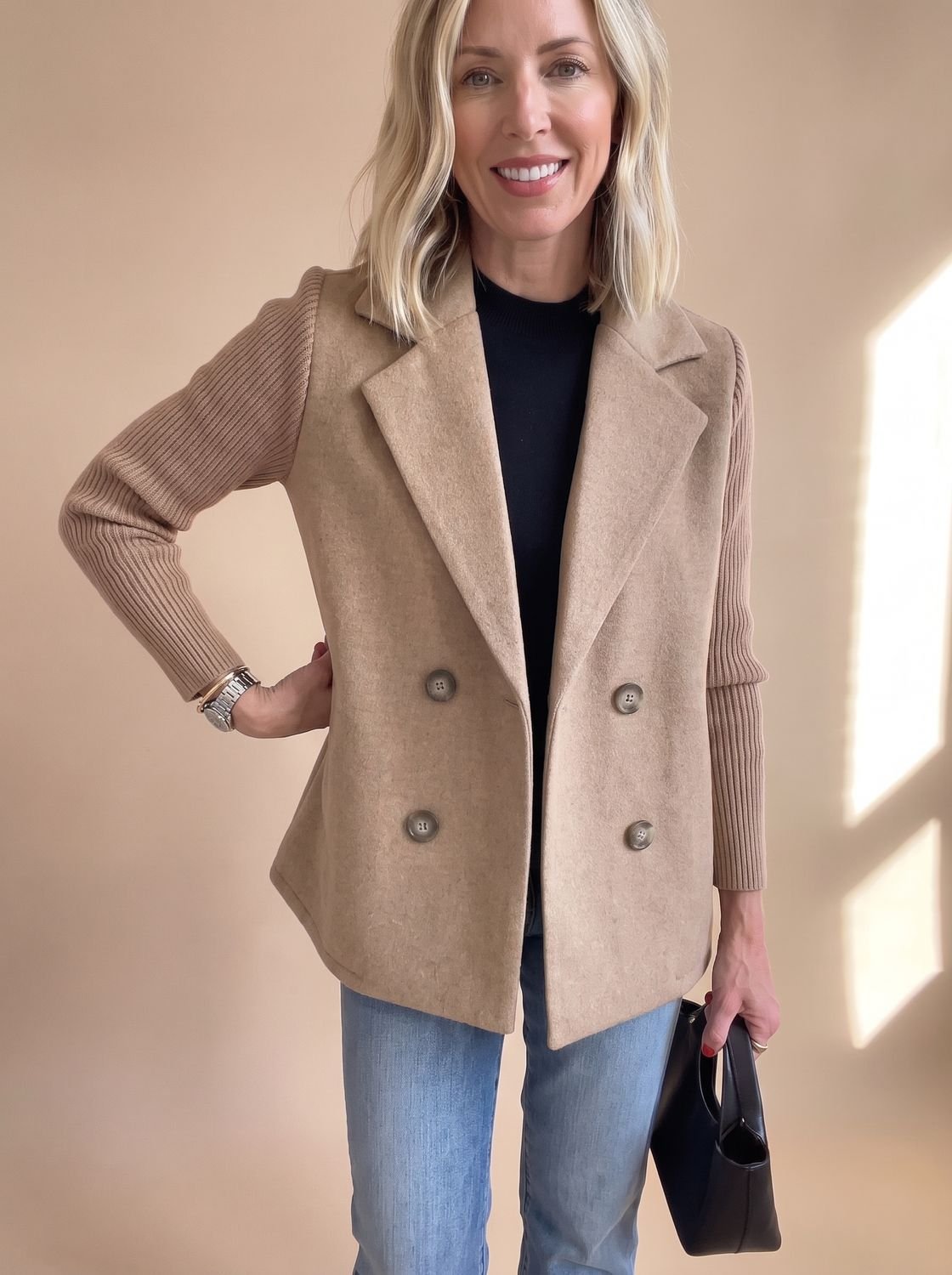 Women's Fitted Double-Breasted Blazer with Knit Sleeves - Khaki