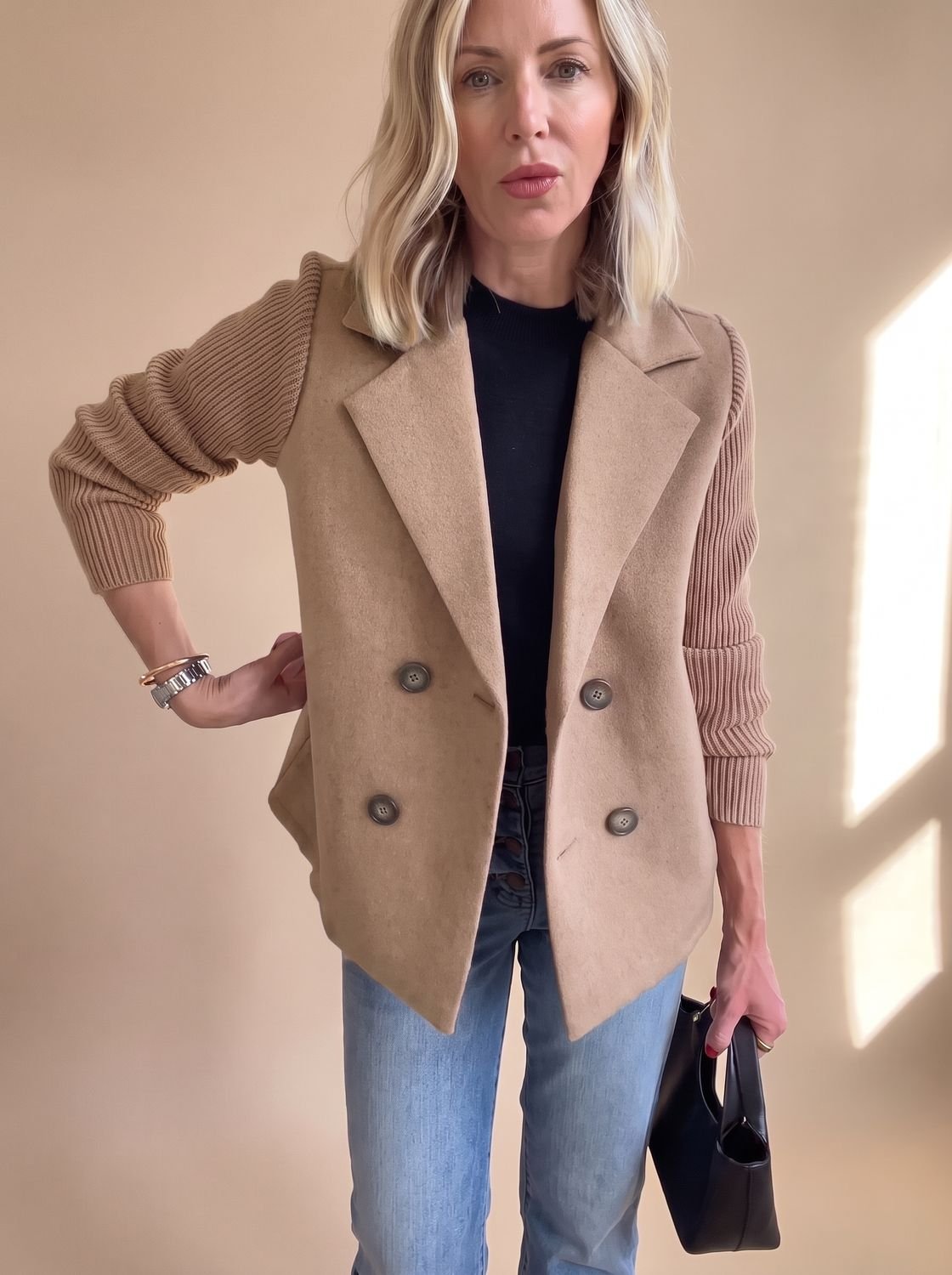 Women's Fitted Double-Breasted Blazer with Knit Sleeves - Brown