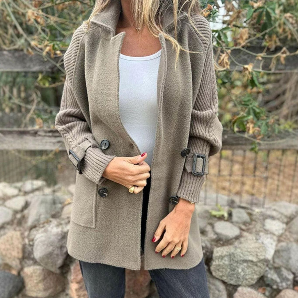 Women's Double-Breasted Winter Coat with Ribbed Knit Sleeves - Taupe