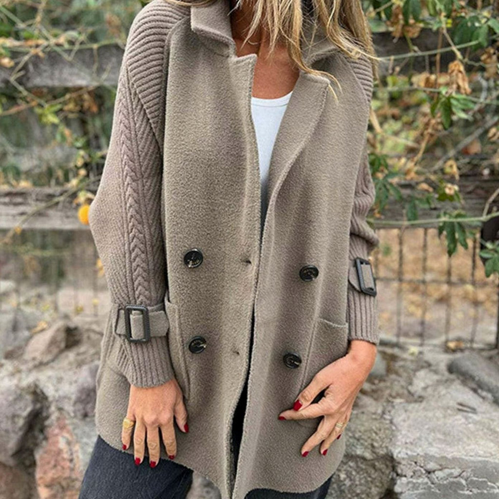 Women's Double-Breasted Winter Coat with Ribbed Knit Sleeves