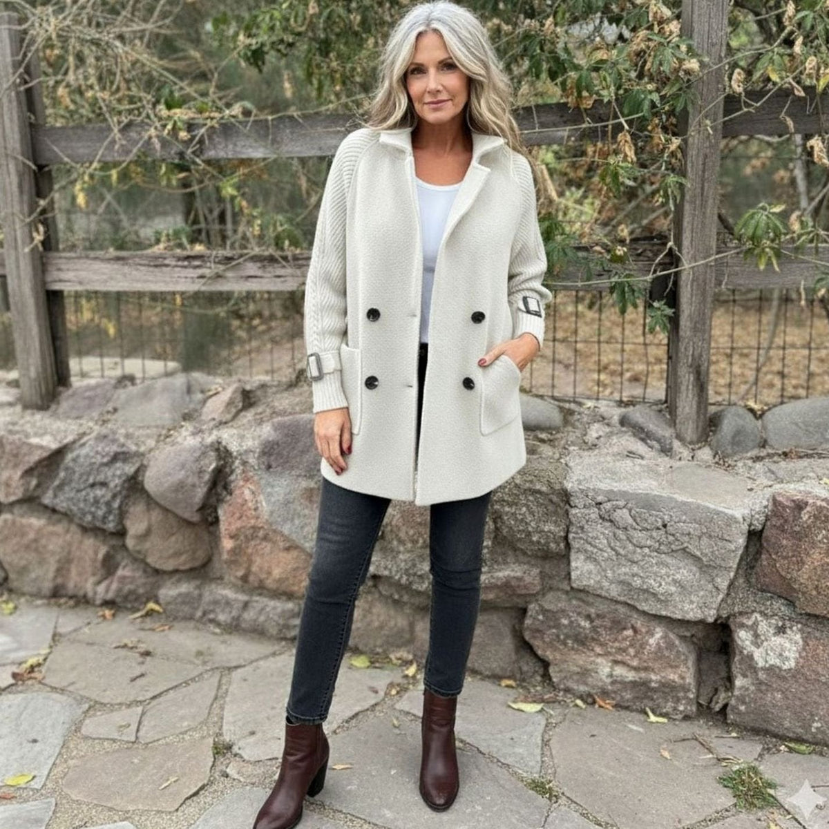 Women's Double-Breasted Winter Coat with Ribbed Knit Sleeves