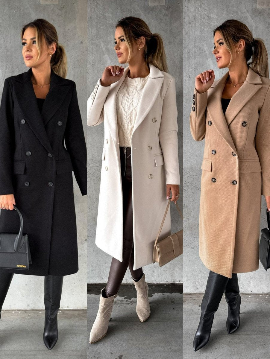 Women's Double-Breasted Long-Sleeve Midi Overcoat