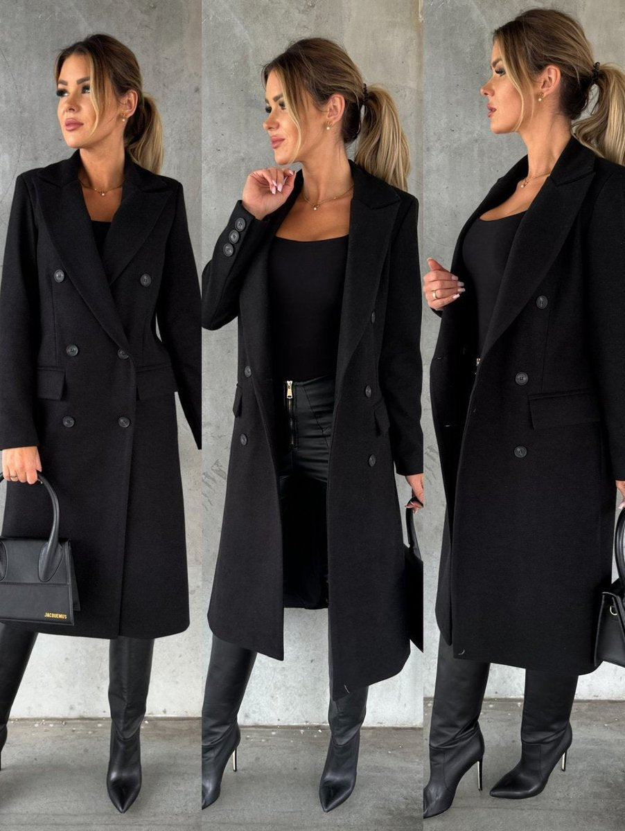 Women's Double-Breasted Long-Sleeve Midi Overcoat