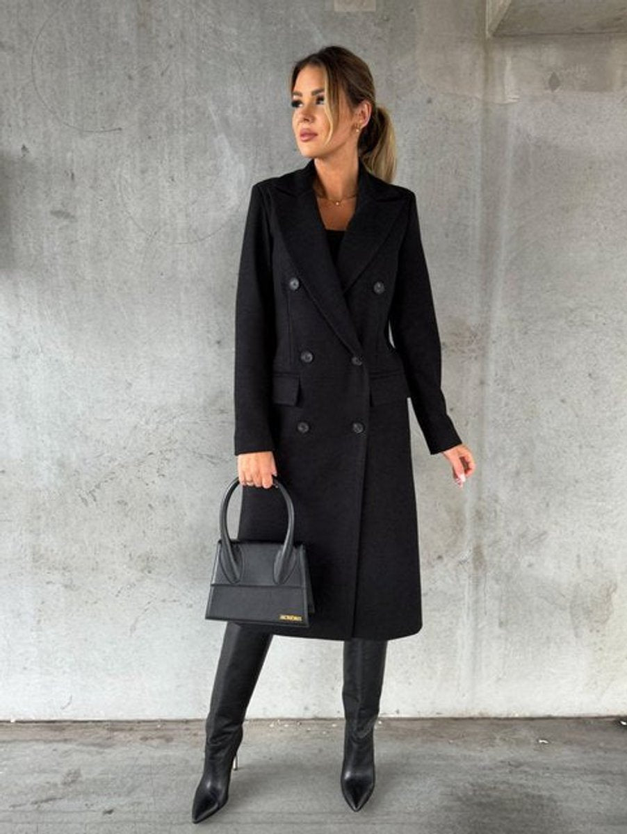 Women's Double-Breasted Long-Sleeve Midi Overcoat - Black