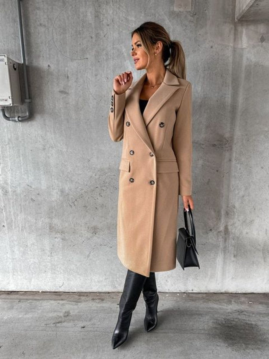 Women's Double-Breasted Long-Sleeve Midi Overcoat - Khaki
