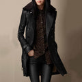 Women's Shearling-Collar Leather Trench Coat - Black