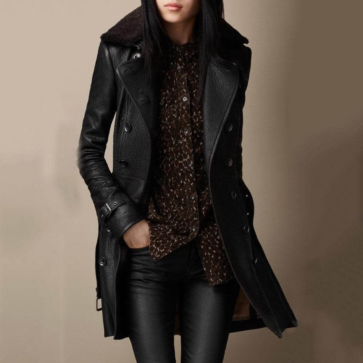 Women's Shearling-Collar Leather Trench Coat