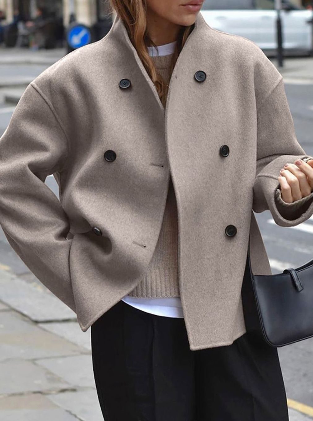 Women's Relaxed Double-Breasted Wool Pea Coat - Taupe